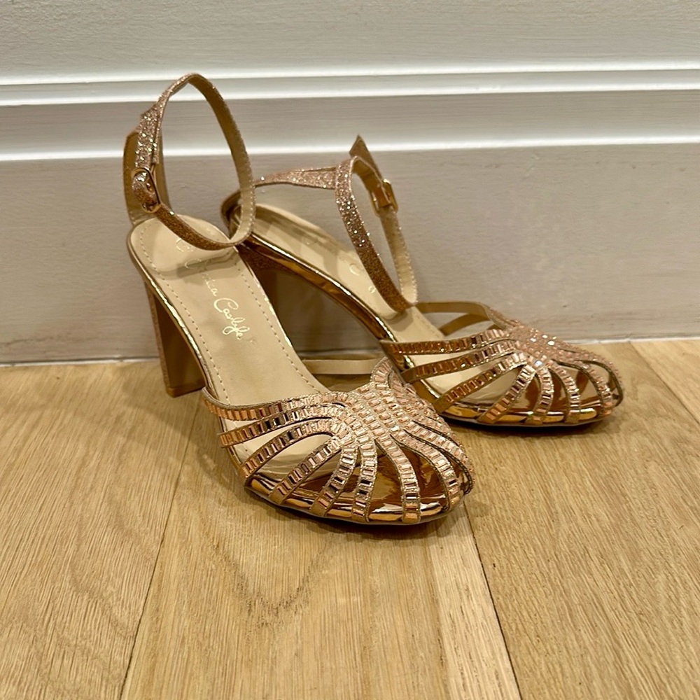 Jessica Carlyle Gold Strap Heels with Rhinestone Lattice Design